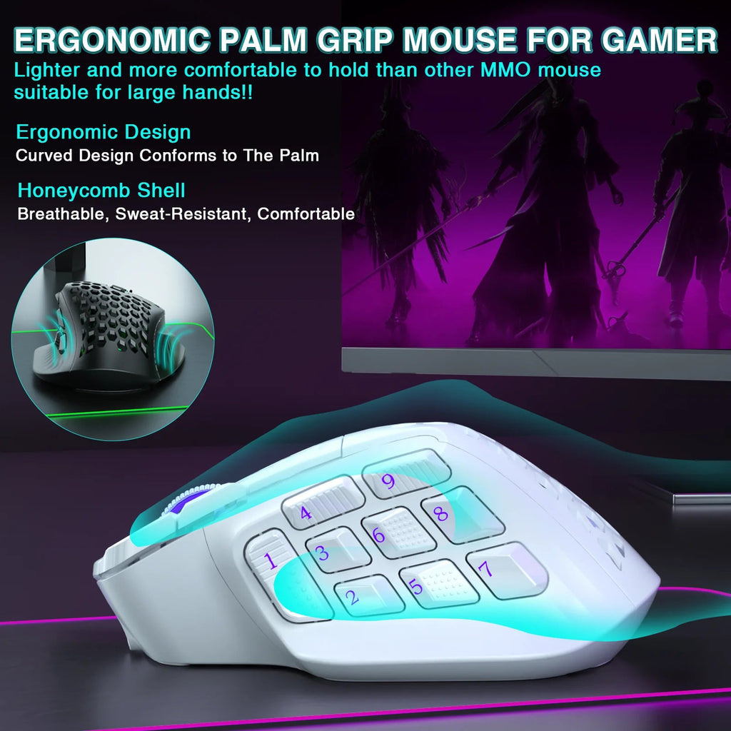 SOLAKAKA SM809 Pro Wireless MMO Gaming Mouse PAW3311 16 Side Buttons 24000 DPI RGB Honeycomb Programmable Macro Wireless mouse HHFMpro