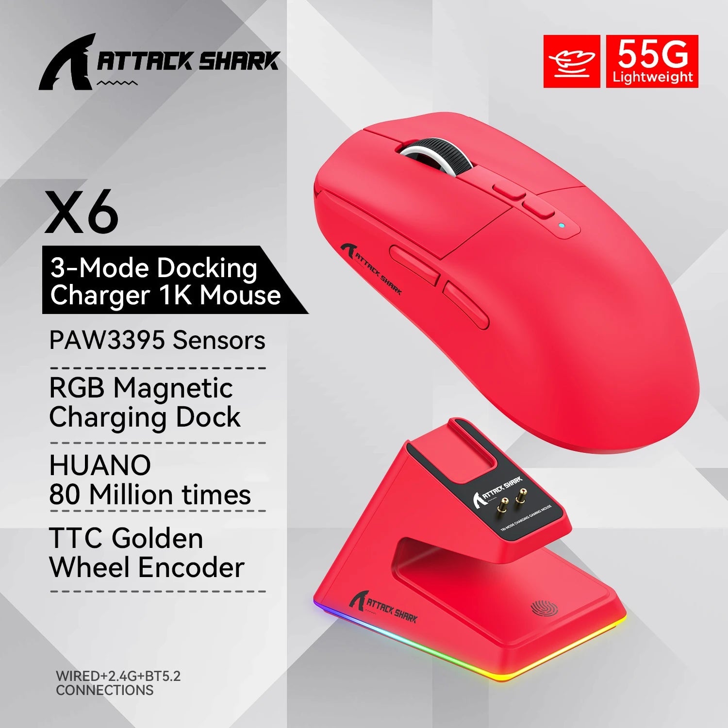Attack shark X6 Bluetooth Mouse,PAW3395,2.4 Tri-Mode Connection, RGB Touch Magnetic Charging Base, Macro Gaming Mouse HHFMpro