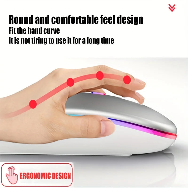 Wireless Mouse Bluetooth and 2.4GHz Dual Modes Rechargeable RGB Ergonomic Silent Click for PC iPad Laptop Cell Phone TV HHFMpro