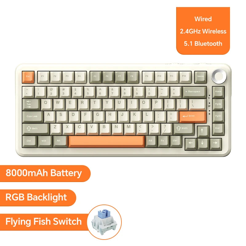 Ajazz AK820/AK820Pro Gaming Mechanical Keyboard Bluetooth 5.1/Wireless/C-Wired Customized Keyboard with Knob Hot Swapping Gasket HHFMpro