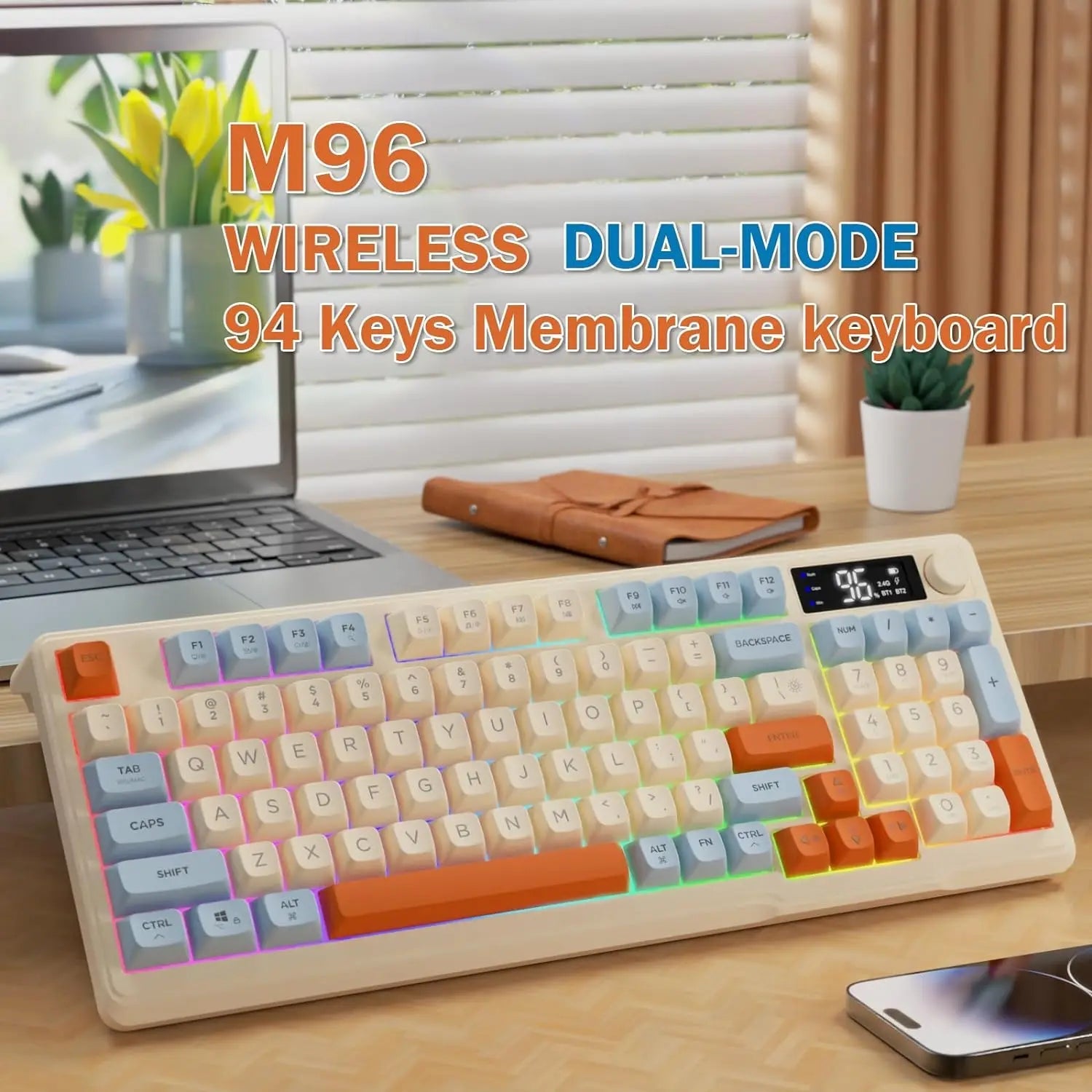ZIYOU LANG Wireless Gaming Keyboard with Display Screen & Knob, Bluetooth/2.4GHz Quiet Membrane Keyboard, 3000mAh Rechargeable HHFMpro