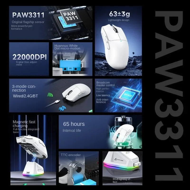 Attack Shark X11 Triple Mode Connectivity, PAW3311 Bluetooth Mouse, Touch Magnetic Charging Dock, Ultra-Light Gaming Mouse HHFMpro