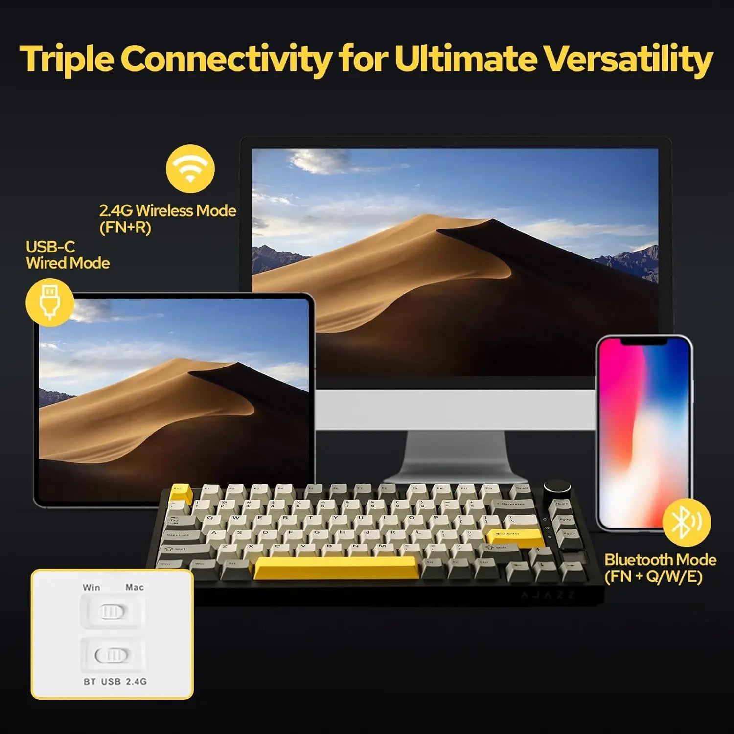Ajazz AK820/AK820Pro Gaming Mechanical Keyboard Bluetooth 5.1/Wireless/C-Wired Customized Keyboard with Knob Hot Swapping Gasket HHFMpro