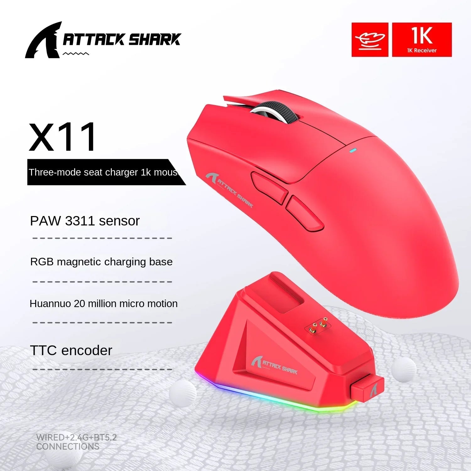 Attack Shark X11 Triple Mode Connectivity, PAW3311 Bluetooth Mouse, Touch Magnetic Charging Dock, Ultra-Light Gaming Mouse HHFMpro