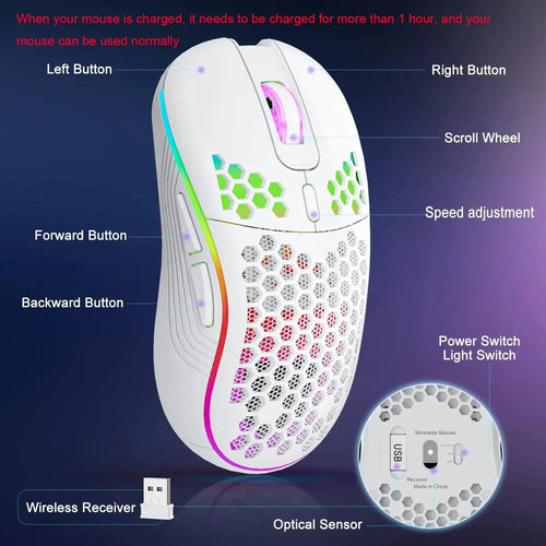 2.4G Wireless RGB Lighting Charging Mouse with Adjustable DPI Ergonomic Honeycomb Design Gaming Mouse for Desktop Laptop HHFMpro