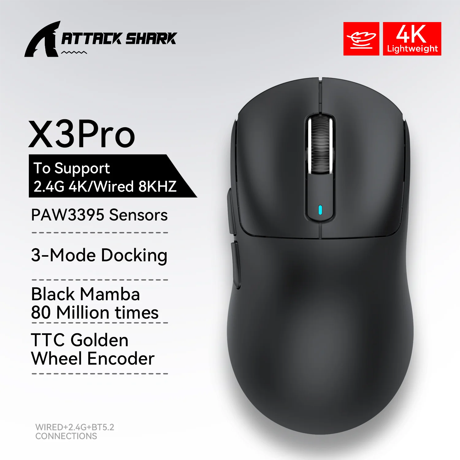 Attack Shark X3 Bluetooth Mouse,PixArt PAW3395,26000dpi,2.4g Wireless Tri-Mode Connection,Lightweight Macro Gaming Mouse HHFMpro
