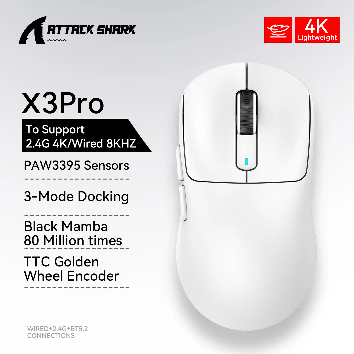 Attack Shark X3 Bluetooth Mouse,PixArt PAW3395,26000dpi,2.4g Wireless Tri-Mode Connection,Lightweight Macro Gaming Mouse HHFMpro