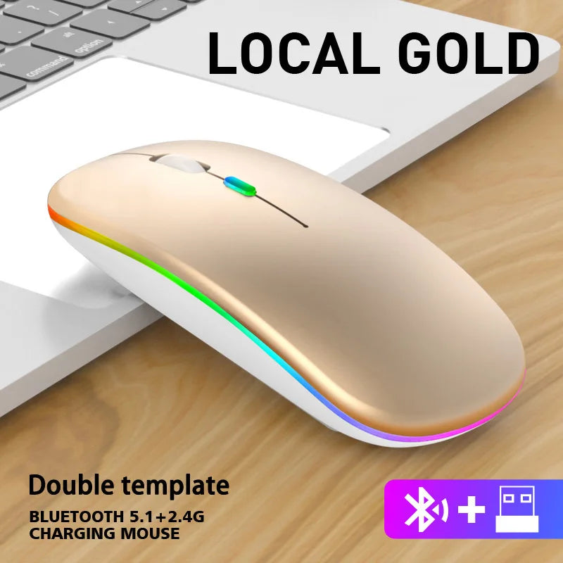 Wireless Mouse Bluetooth and 2.4GHz Dual Modes Rechargeable RGB Ergonomic Silent Click for PC iPad Laptop Cell Phone TV HHFMpro