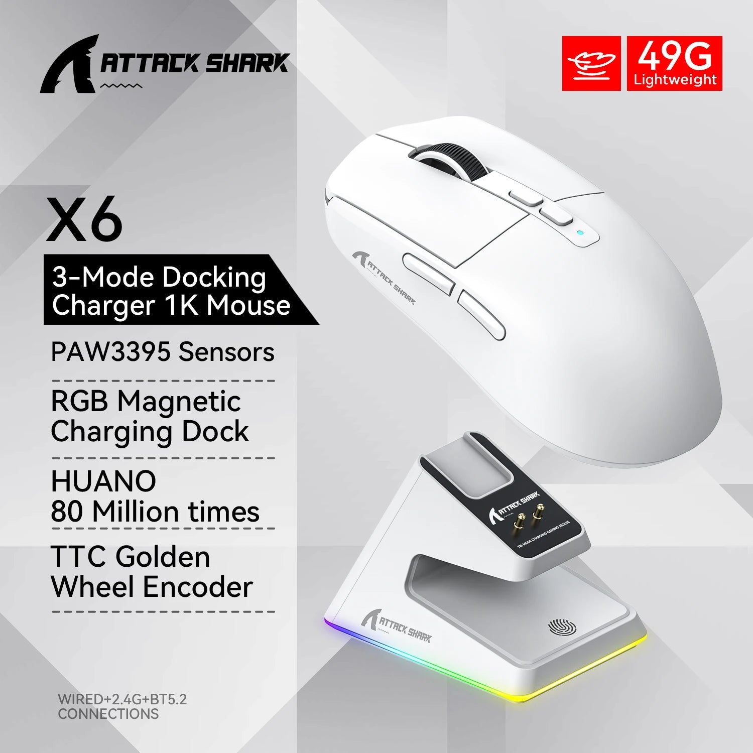 Attack shark X6 Bluetooth Mouse,PAW3395,2.4 Tri-Mode Connection, RGB Touch Magnetic Charging Base, Macro Gaming Mouse HHFMpro