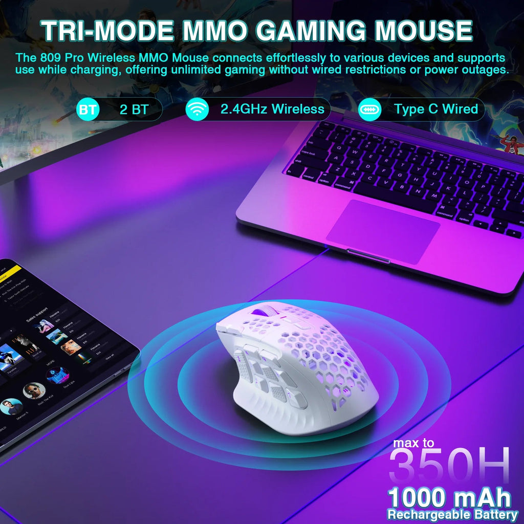 SOLAKAKA SM809 Pro Wireless MMO Gaming Mouse PAW3311 16 Side Buttons 24000 DPI RGB Honeycomb Programmable Macro Wireless mouse HHFMpro