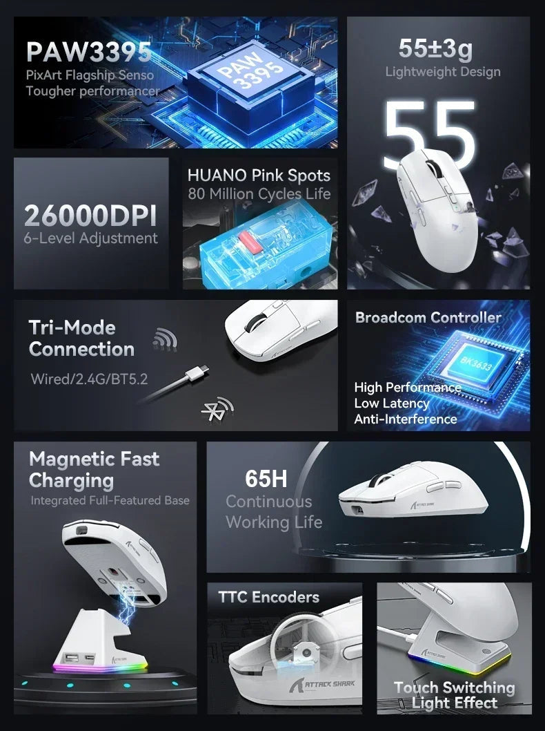 Attack shark X6 Bluetooth Mouse,PAW3395,2.4 Tri-Mode Connection, RGB Touch Magnetic Charging Base, Macro Gaming Mouse HHFMpro