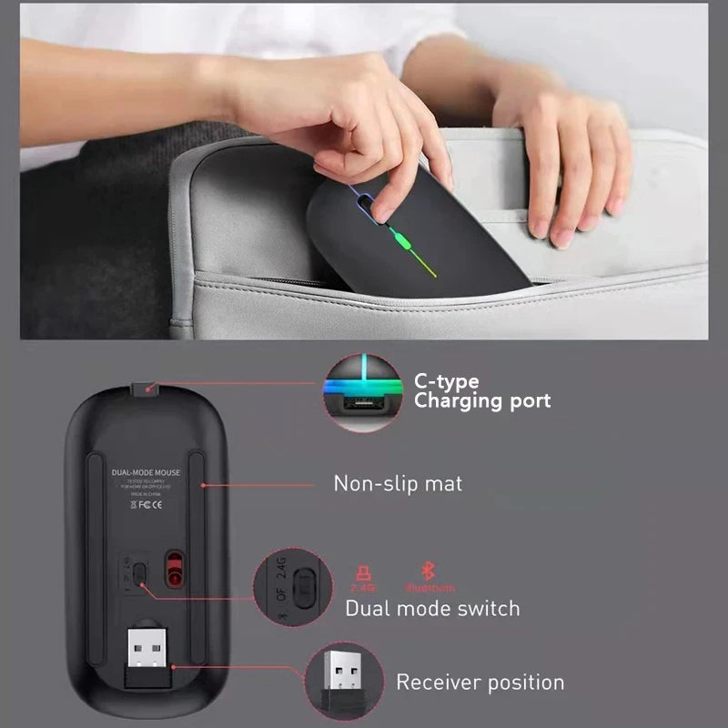 Wireless Mouse Bluetooth and 2.4GHz Dual Modes Rechargeable RGB Ergonomic Silent Click for PC iPad Laptop Cell Phone TV HHFMpro