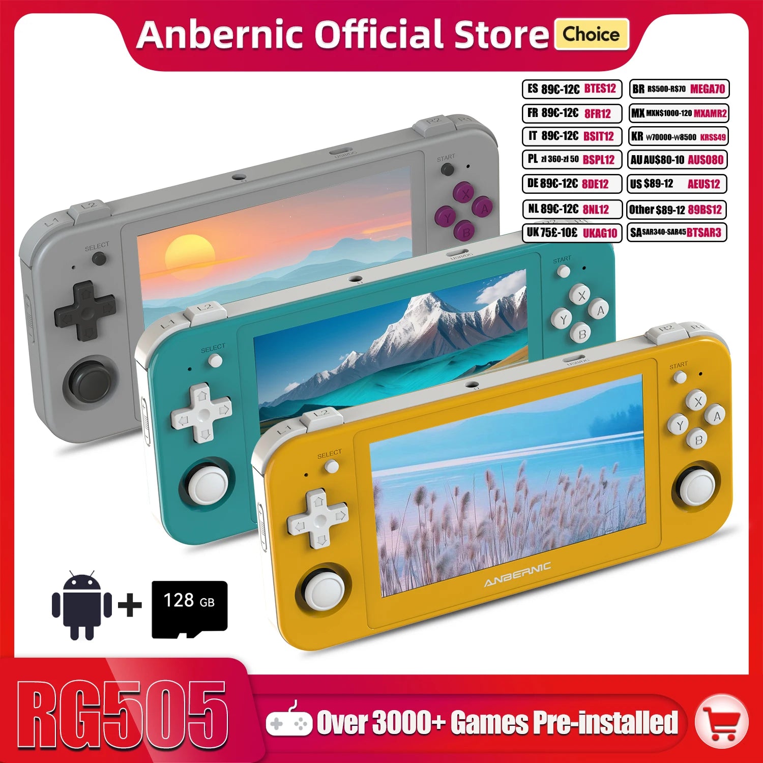 ANBERNIC RG505 Handheld Game Console Android 12 Unisoc Tiger T618 Built-in 128G Pre-Loaded 3172 Games 4.95 Inch OLED Screen HHFMpro