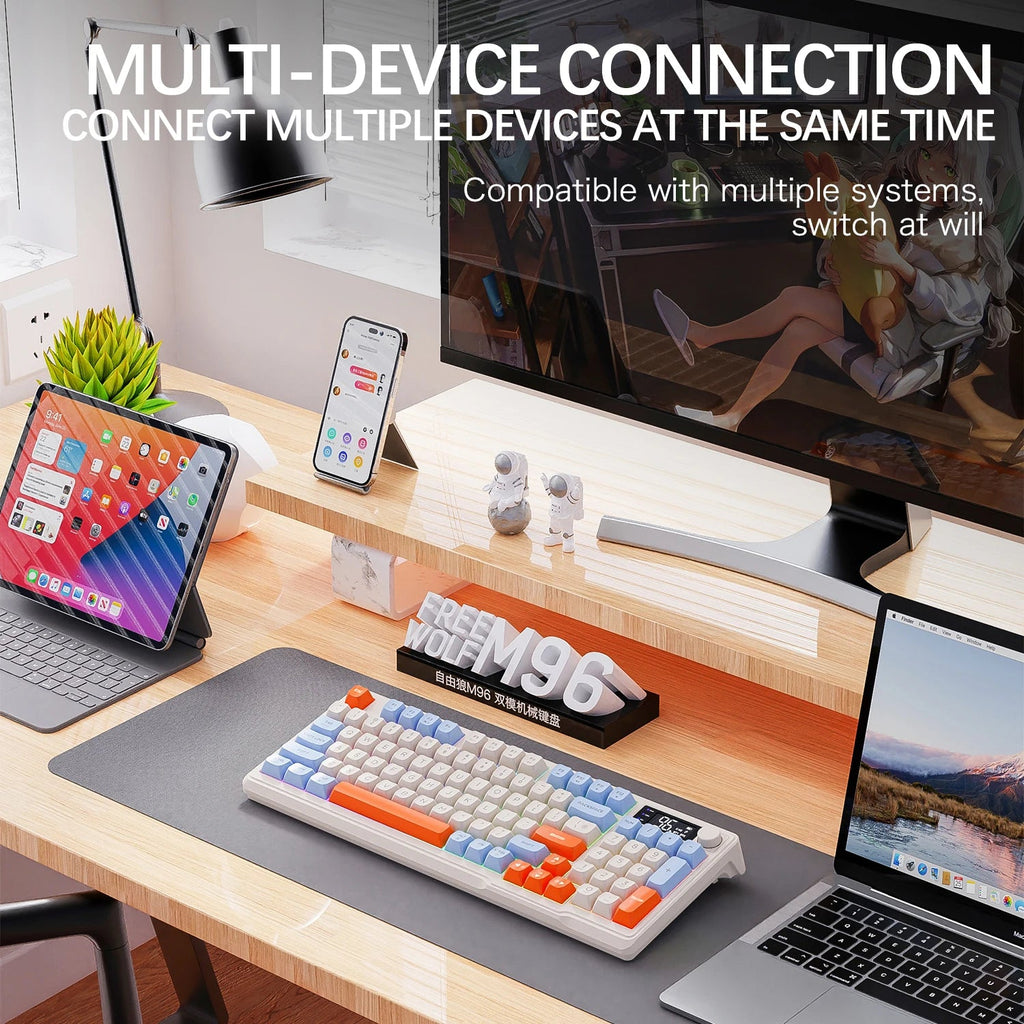 M96 Bluetooth Keyboard Wireless FREEWOLF Screen Gaming Keyboard,Electronic Screen, Multi-Device Connection,Ergonomics Gaming HHFMpro