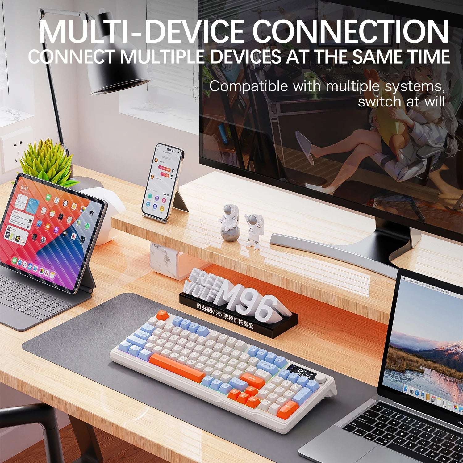 M96 Bluetooth Keyboard Wireless FREEWOLF Screen Gaming Keyboard,Electronic Screen, Multi-Device Connection,Ergonomics Gaming HHFMpro