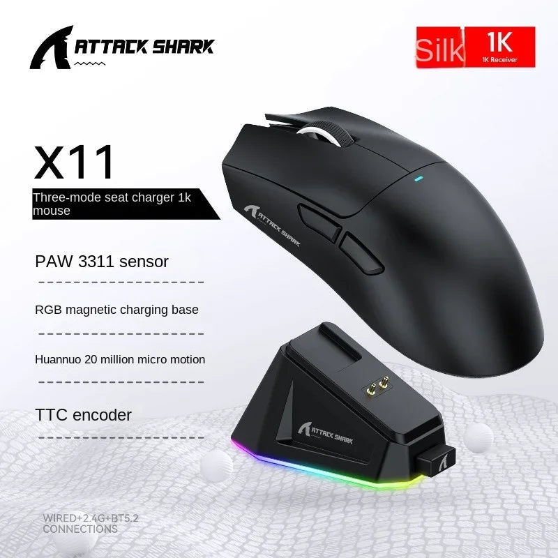 Attack Shark X11 Triple Mode Connectivity, PAW3311 Bluetooth Mouse, Touch Magnetic Charging Dock, Ultra-Light Gaming Mouse HHFMpro