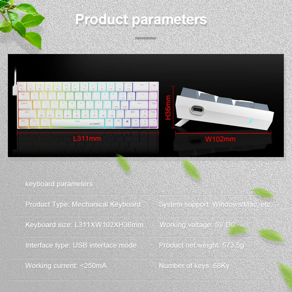 E-YOOSO Z686 RGB USB 60% Mini slim Mechanical Gaming Wired Keyboard Red Switch 68 Keys Gamer for Compute PC Laptop HHFMpro