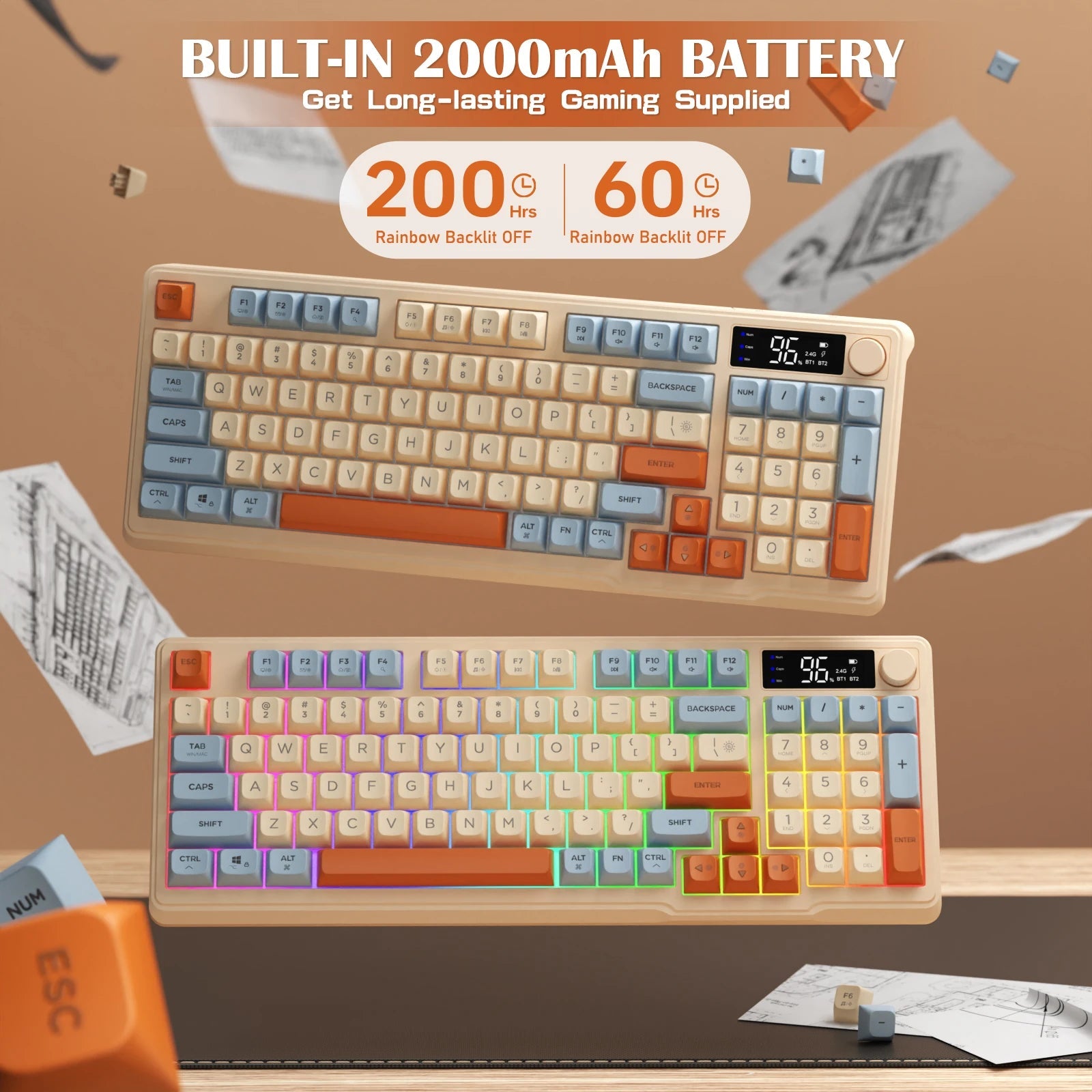 ZIYOU LANG Wireless Gaming Keyboard with Display Screen & Knob, Bluetooth/2.4GHz Quiet Membrane Keyboard, 3000mAh Rechargeable HHFMpro