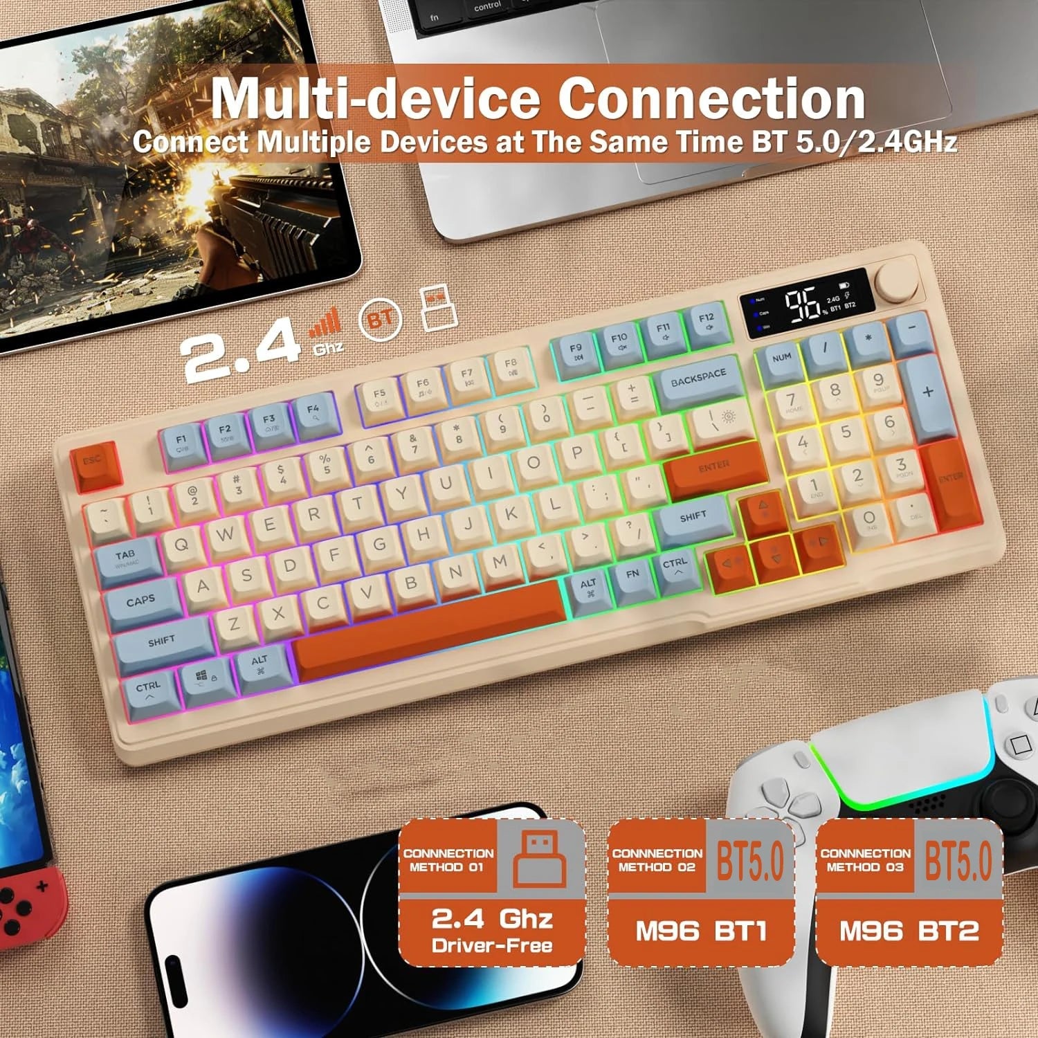 ZIYOU LANG Wireless Gaming Keyboard with Display Screen & Knob, Bluetooth/2.4GHz Quiet Membrane Keyboard, 3000mAh Rechargeable HHFMpro