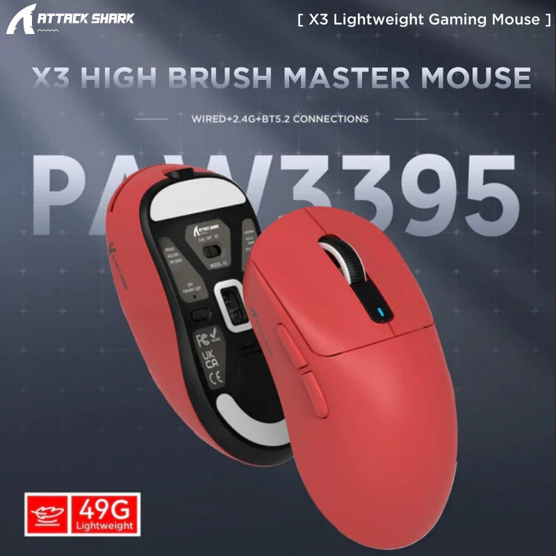 Attack Shark X3 Bluetooth Mouse,PixArt PAW3395,26000dpi,2.4g Wireless Tri-Mode Connection,Lightweight Macro Gaming Mouse HHFMpro