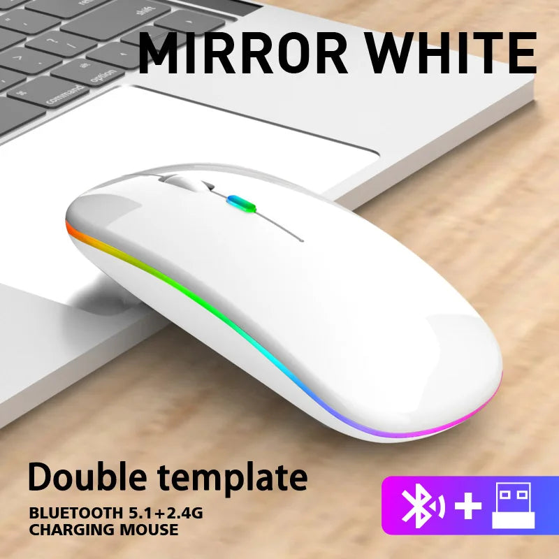 Wireless Mouse Bluetooth and 2.4GHz Dual Modes Rechargeable RGB Ergonomic Silent Click for PC iPad Laptop Cell Phone TV HHFMpro