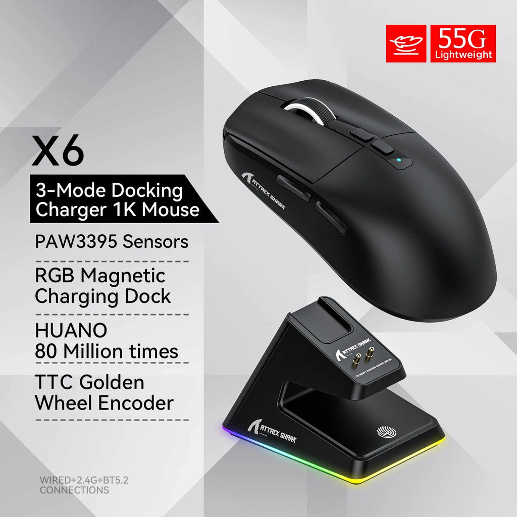 Attack shark X6 Bluetooth Mouse,PAW3395,2.4 Tri-Mode Connection, RGB Touch Magnetic Charging Base, Macro Gaming Mouse HHFMpro