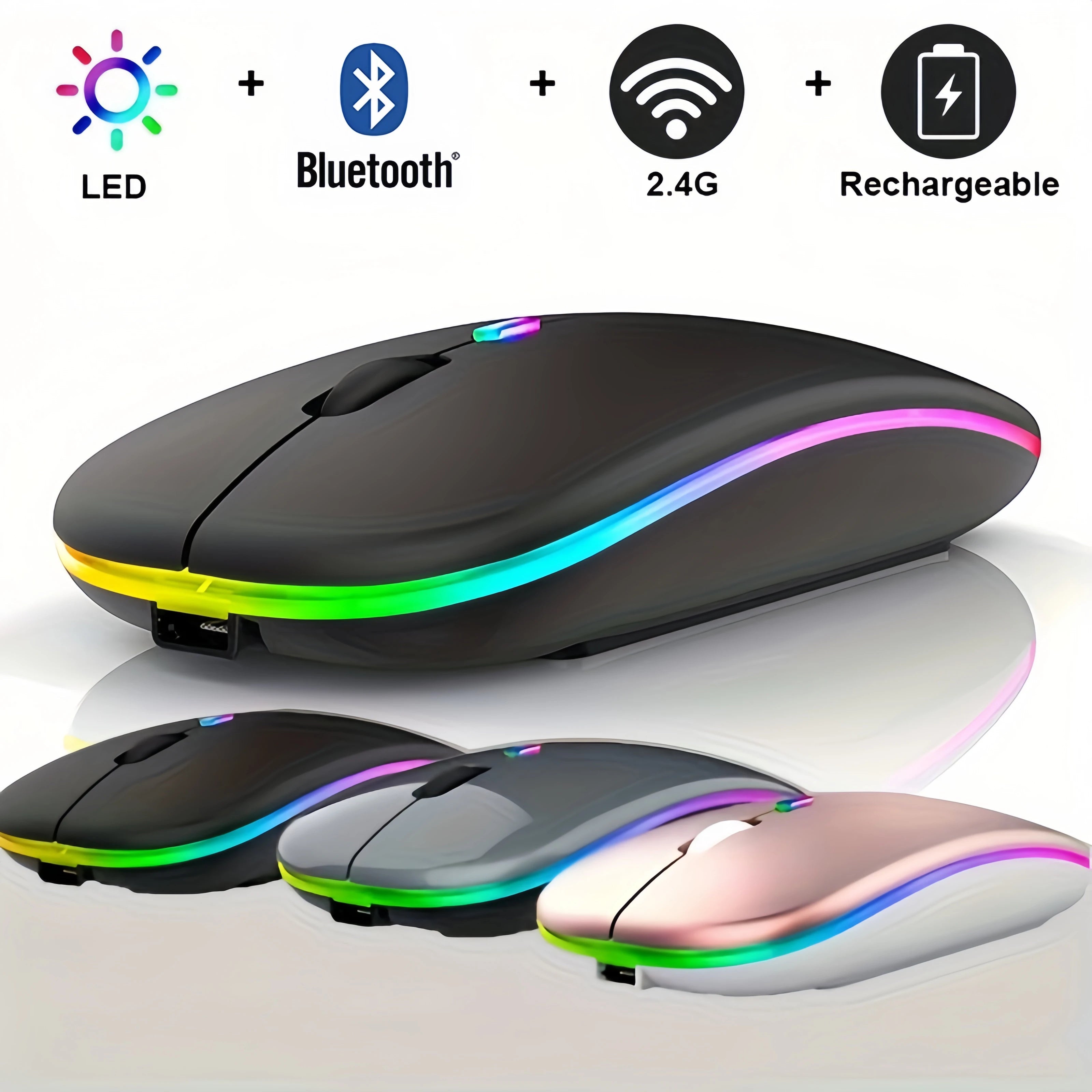 Wireless Mouse Bluetooth and 2.4GHz Dual Modes Rechargeable RGB Ergonomic Silent Click for PC iPad Laptop Cell Phone TV HHFMpro