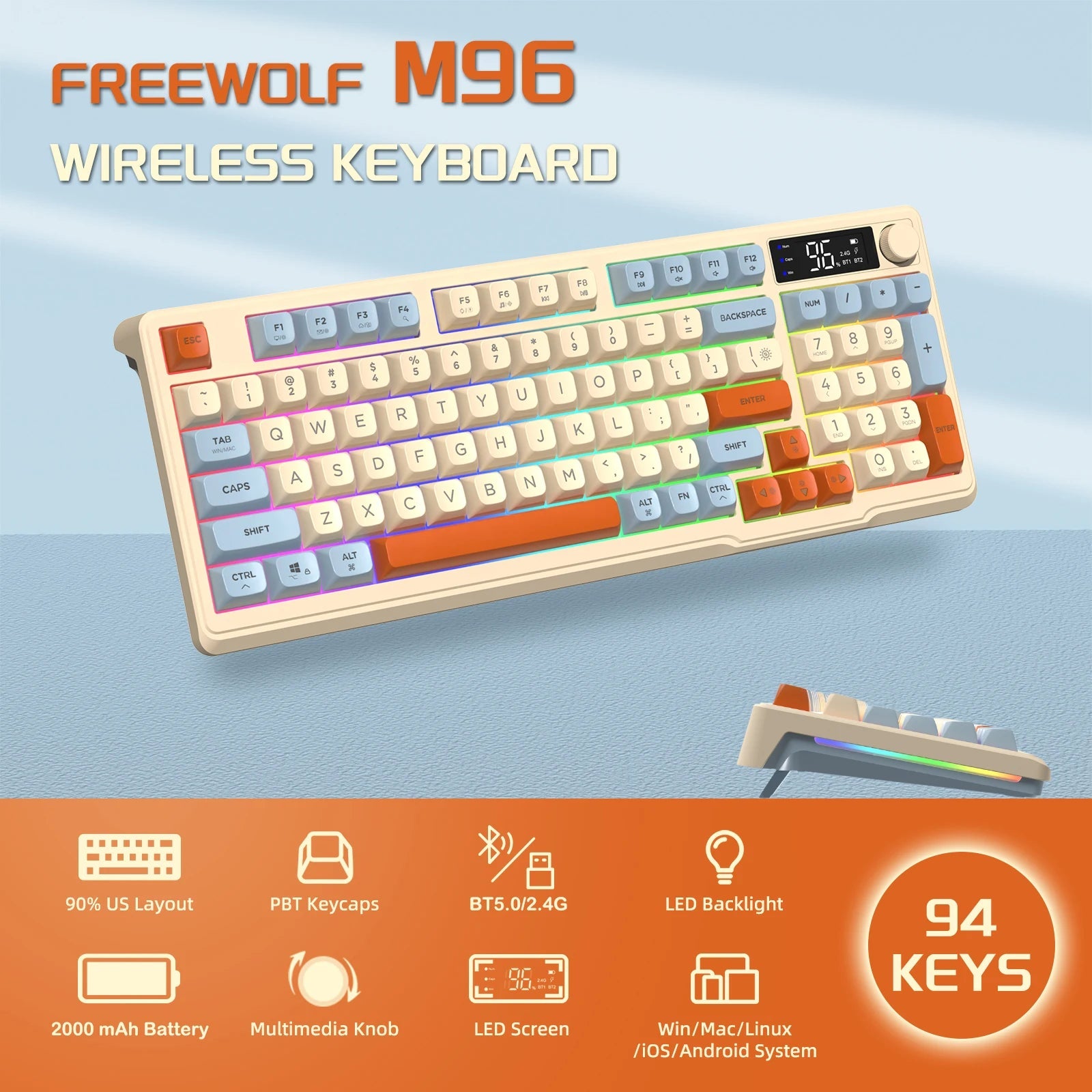 ZIYOU LANG Wireless Gaming Keyboard with Display Screen & Knob, Bluetooth/2.4GHz Quiet Membrane Keyboard, 3000mAh Rechargeable HHFMpro