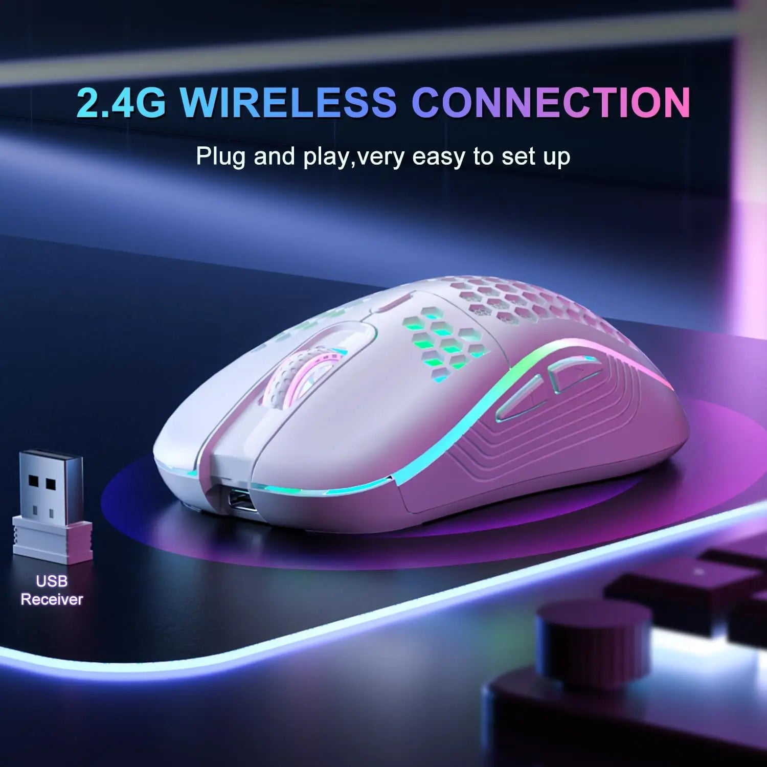 2.4G Wireless RGB Lighting Charging Mouse with Adjustable DPI Ergonomic Honeycomb Design Gaming Mouse for Desktop Laptop HHFMpro