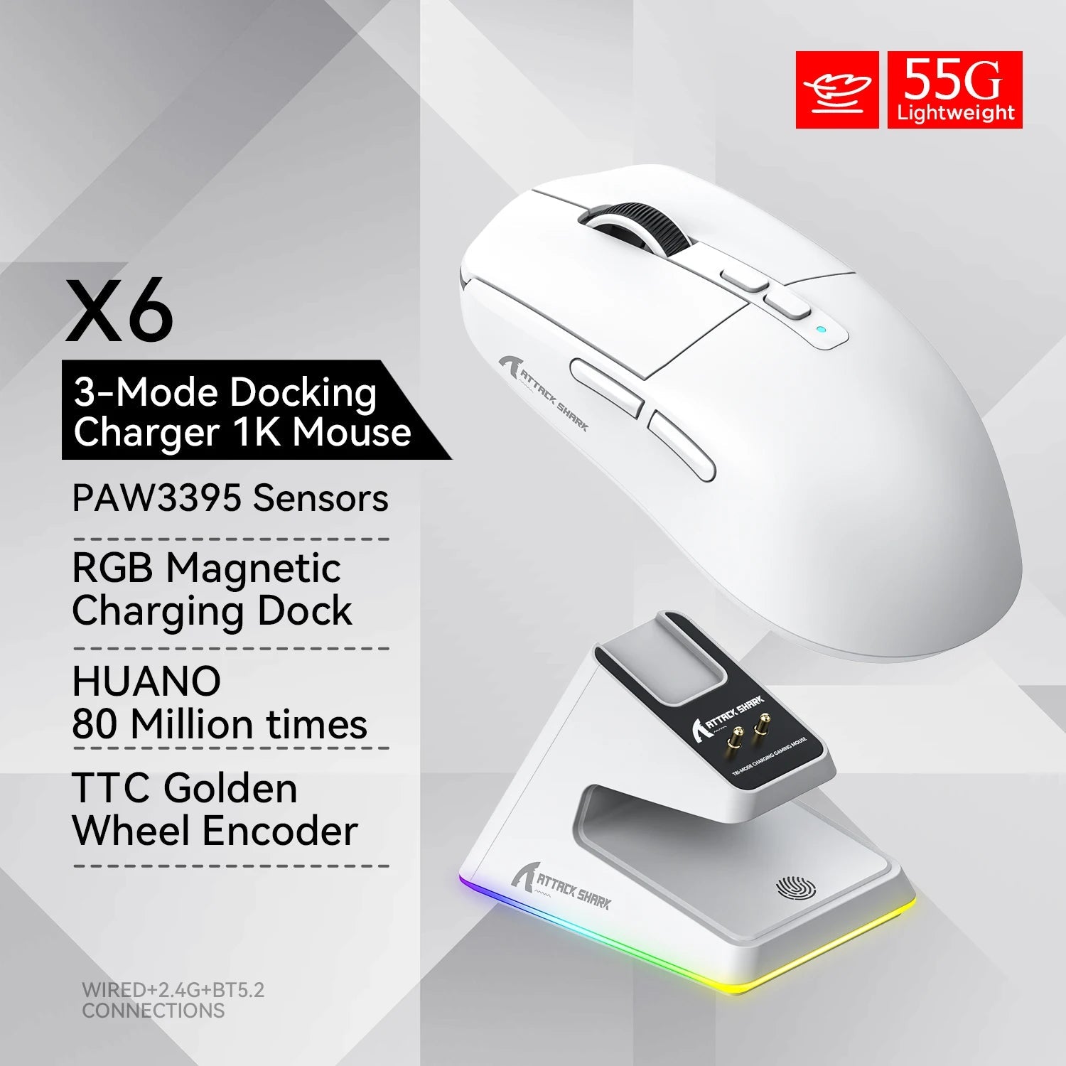 Attack shark X6 Bluetooth Mouse,PAW3395,2.4 Tri-Mode Connection, RGB Touch Magnetic Charging Base, Macro Gaming Mouse HHFMpro