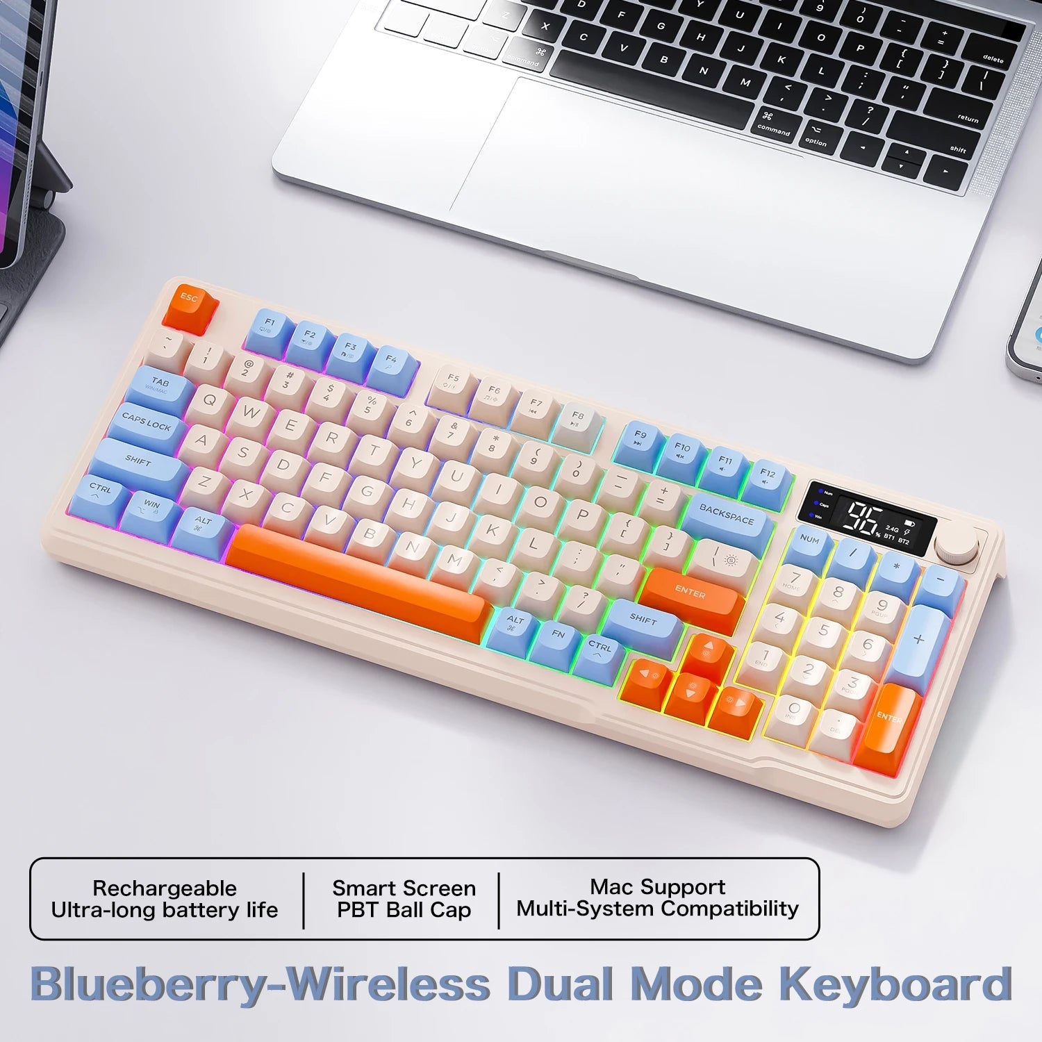 M96 Bluetooth Keyboard Wireless FREEWOLF Screen Gaming Keyboard,Electronic Screen, Multi-Device Connection,Ergonomics Gaming HHFMpro