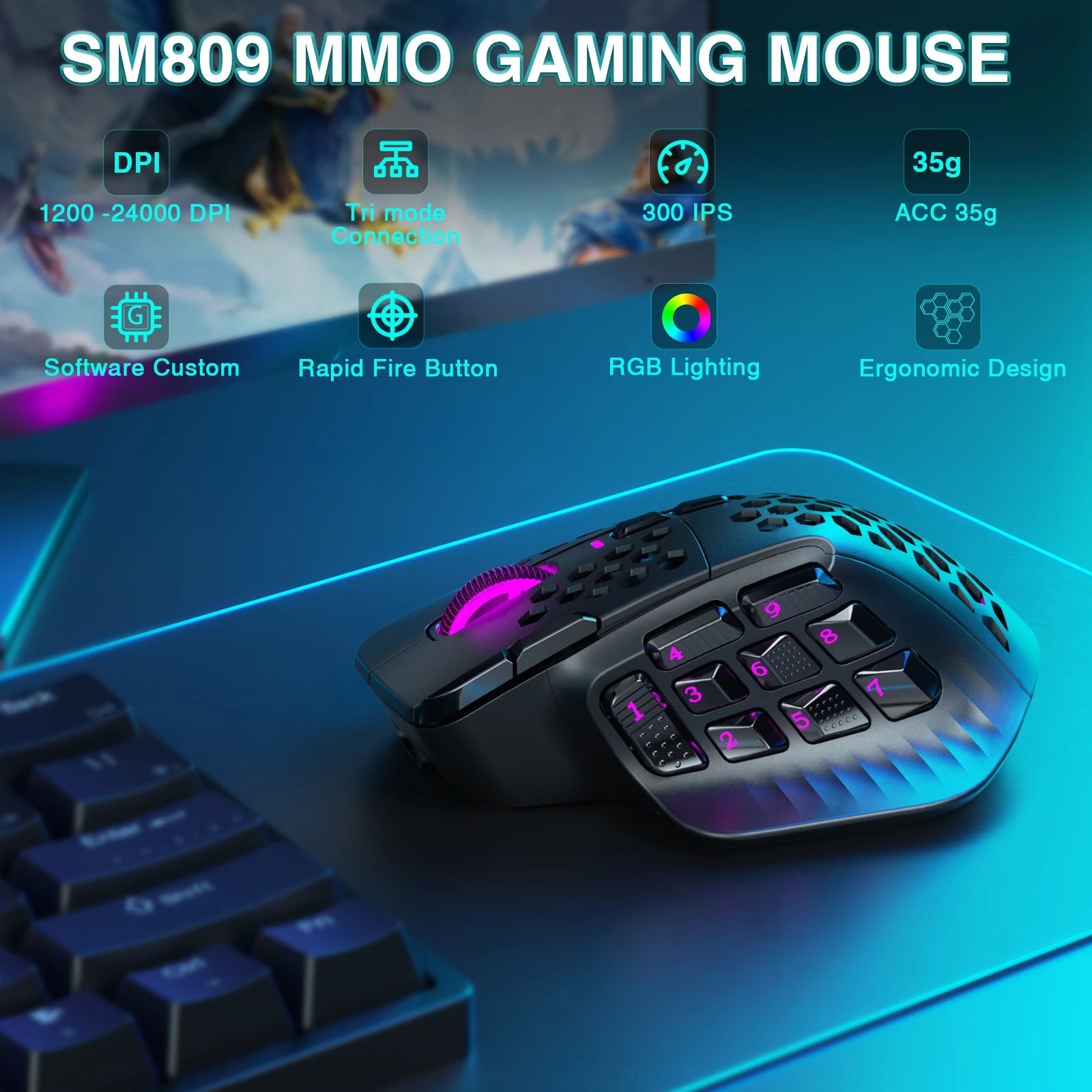 SOLAKAKA SM809 Pro Wireless MMO Gaming Mouse PAW3311 16 Side Buttons 24000 DPI RGB Honeycomb Programmable Macro Wireless mouse HHFMpro