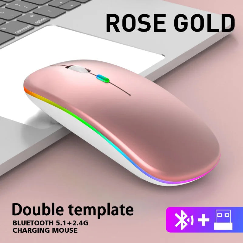 Wireless Mouse Bluetooth and 2.4GHz Dual Modes Rechargeable RGB Ergonomic Silent Click for PC iPad Laptop Cell Phone TV HHFMpro