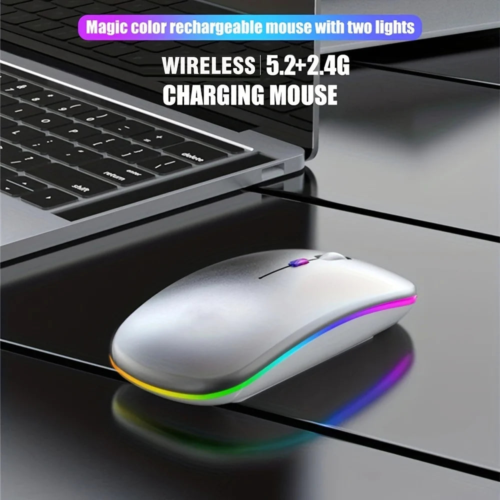 Wireless Mouse Bluetooth and 2.4GHz Dual Modes Rechargeable RGB Ergonomic Silent Click for PC iPad Laptop Cell Phone TV HHFMpro