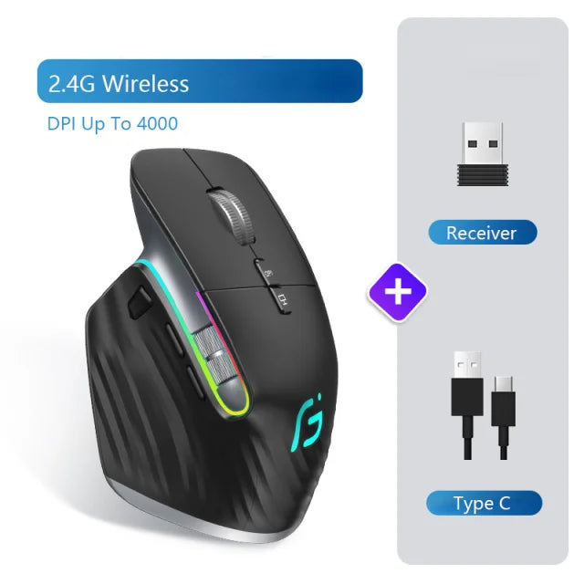 2.4G Wireless Mouse Bluetooth RGB Rechargeable Ergonomic Design Computer Mice For Computer Gaming Office HHFMpro