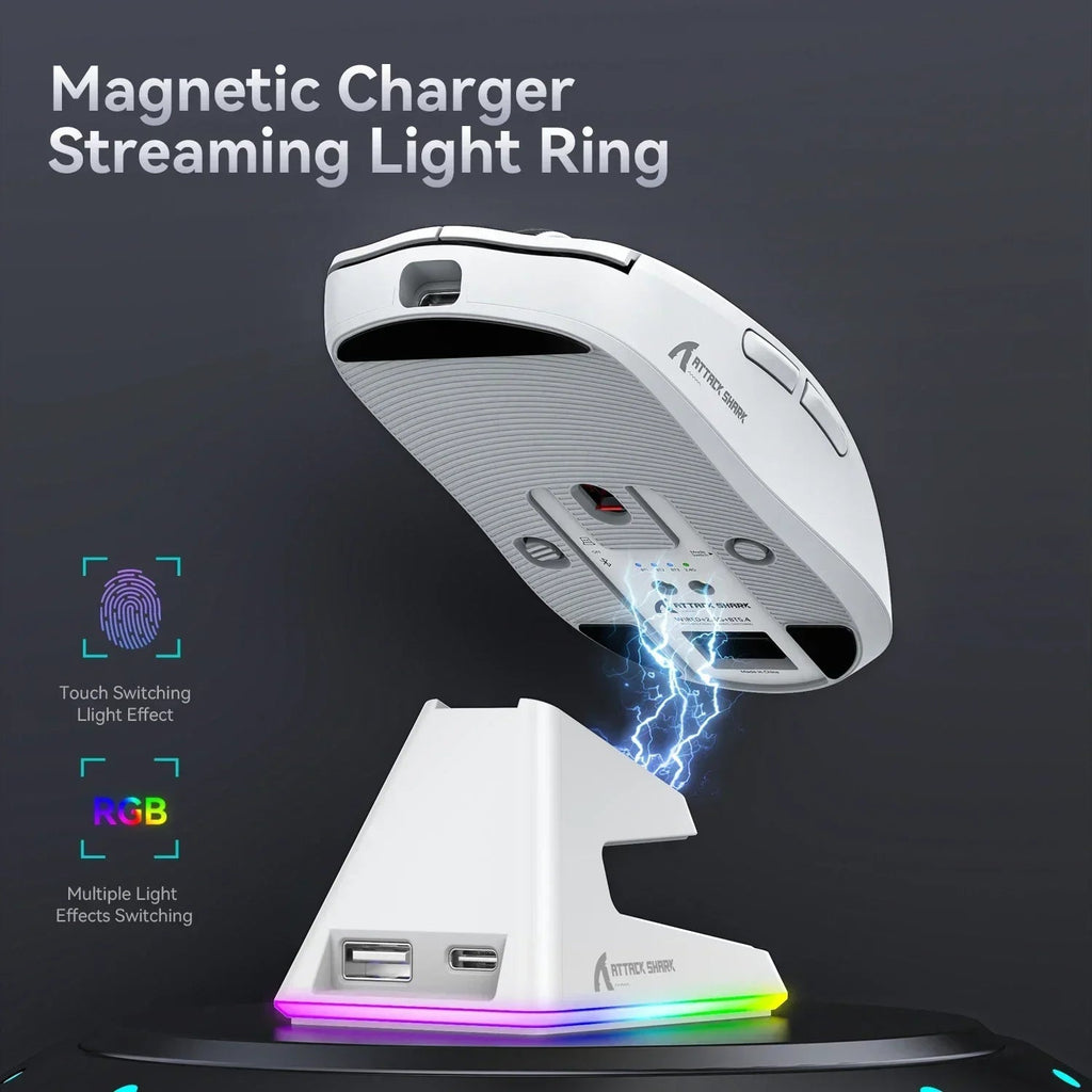 Attack shark X6 Bluetooth Mouse,PAW3395,2.4 Tri-Mode Connection, RGB Touch Magnetic Charging Base, Macro Gaming Mouse HHFMpro