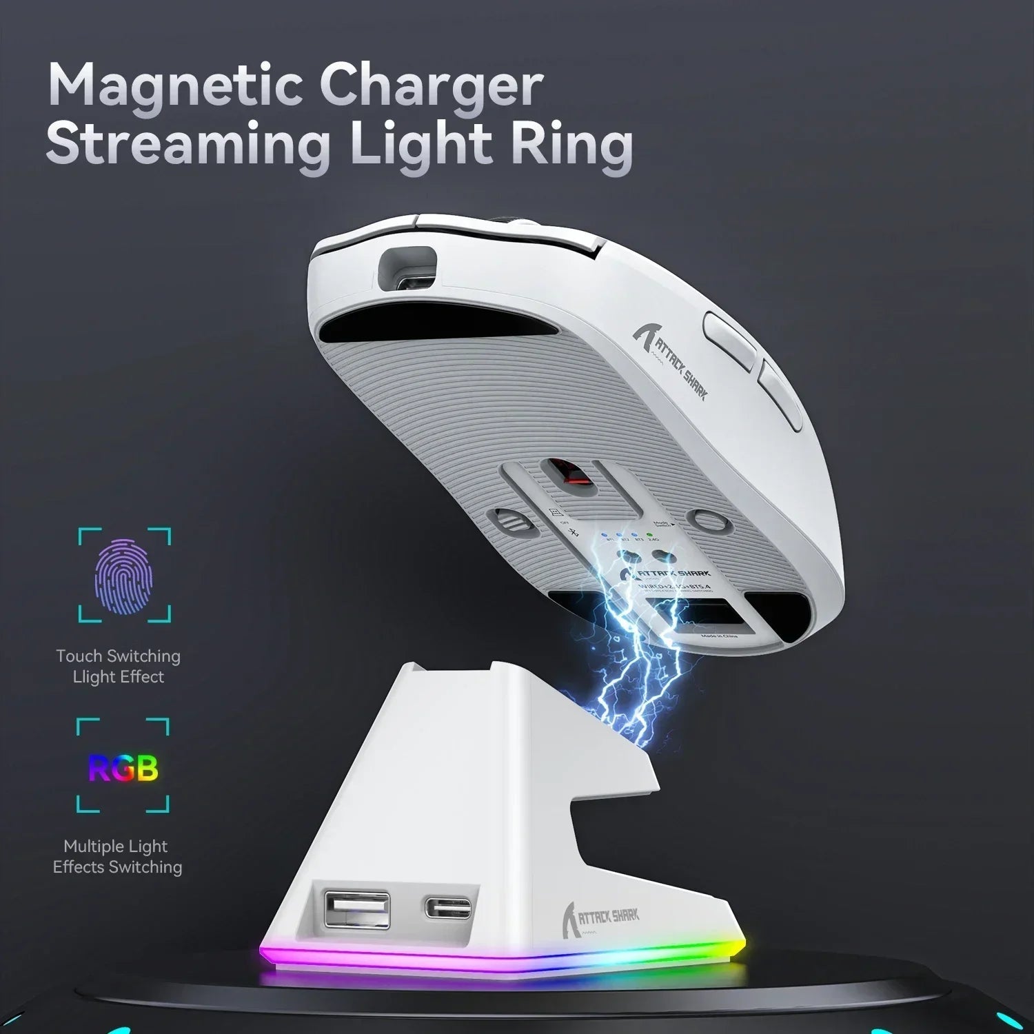 Attack shark X6 Bluetooth Mouse,PAW3395,2.4 Tri-Mode Connection, RGB Touch Magnetic Charging Base, Macro Gaming Mouse HHFMpro