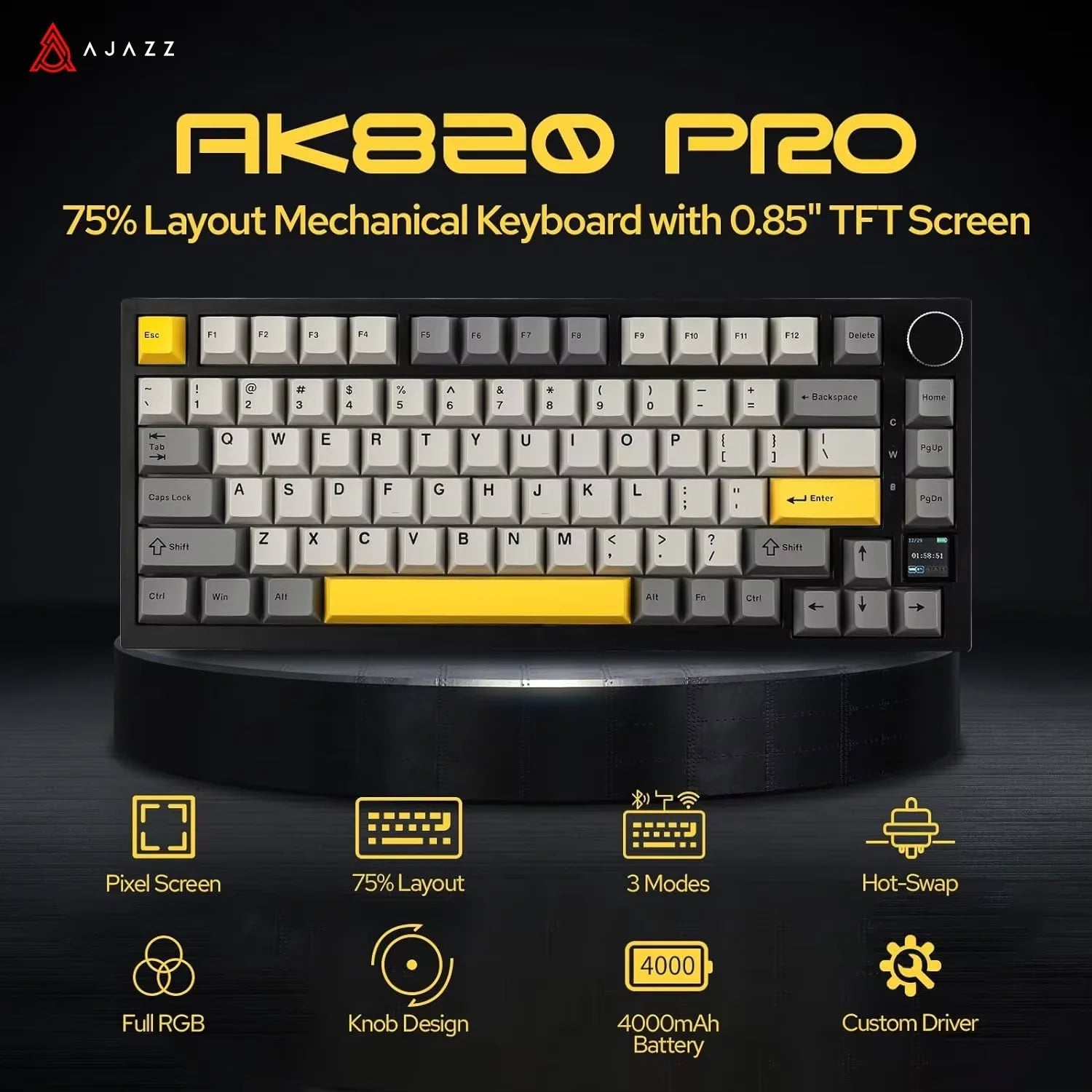 Ajazz AK820/AK820Pro Gaming Mechanical Keyboard Bluetooth 5.1/Wireless/C-Wired Customized Keyboard with Knob Hot Swapping Gasket HHFMpro
