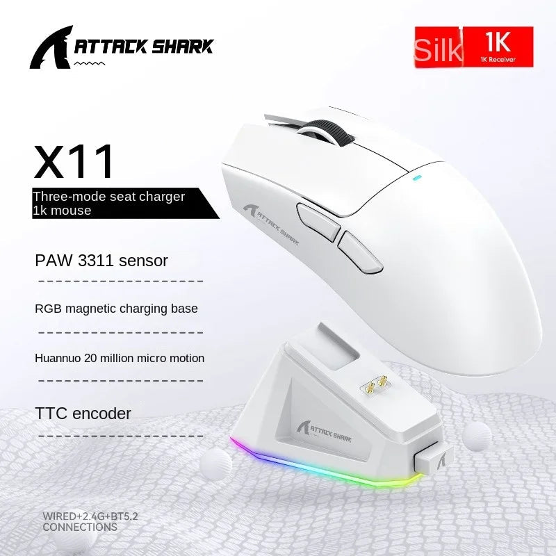 Attack Shark X11 Triple Mode Connectivity, PAW3311 Bluetooth Mouse, Touch Magnetic Charging Dock, Ultra-Light Gaming Mouse HHFMpro