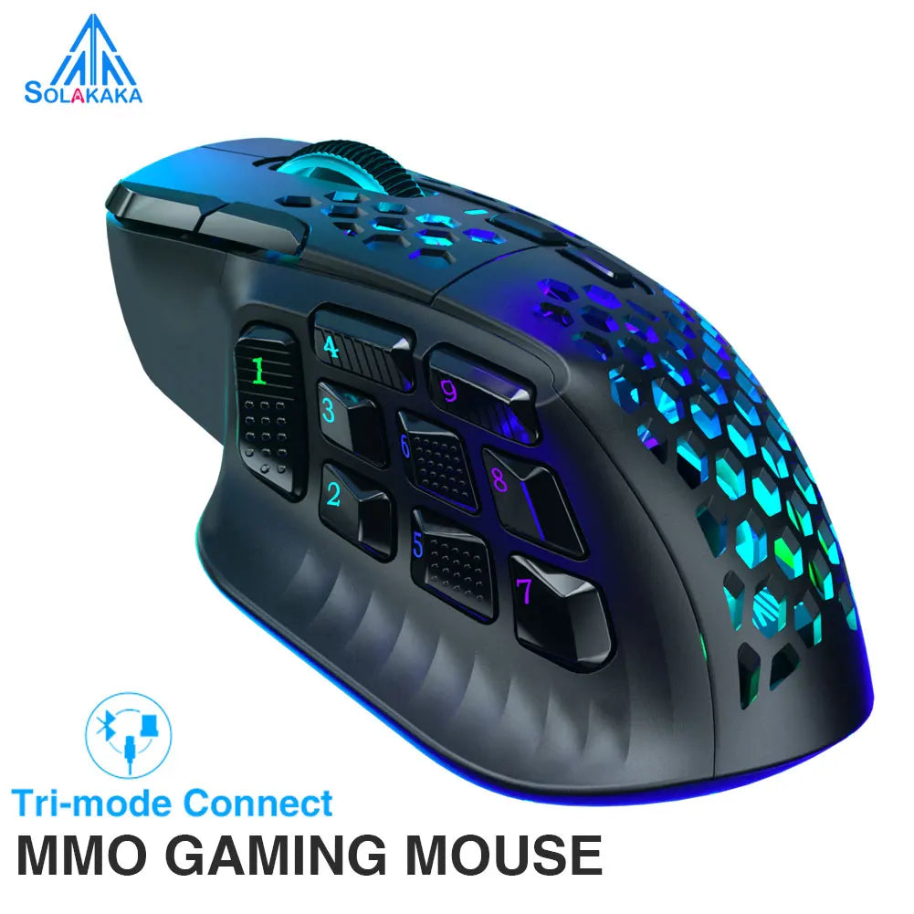 SOLAKAKA SM809 Pro Wireless MMO Gaming Mouse PAW3311 16 Side Buttons 24000 DPI RGB Honeycomb Programmable Macro Wireless mouse HHFMpro