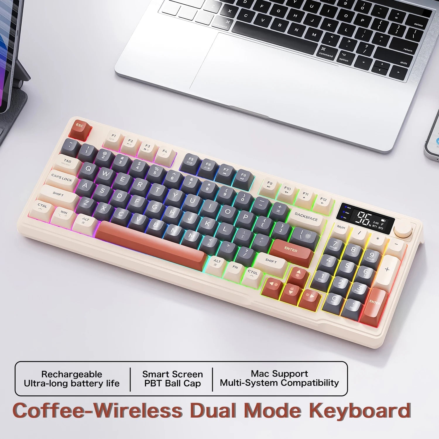 M96 Bluetooth Keyboard Wireless FREEWOLF Screen Gaming Keyboard,Electronic Screen, Multi-Device Connection,Ergonomics Gaming HHFMpro