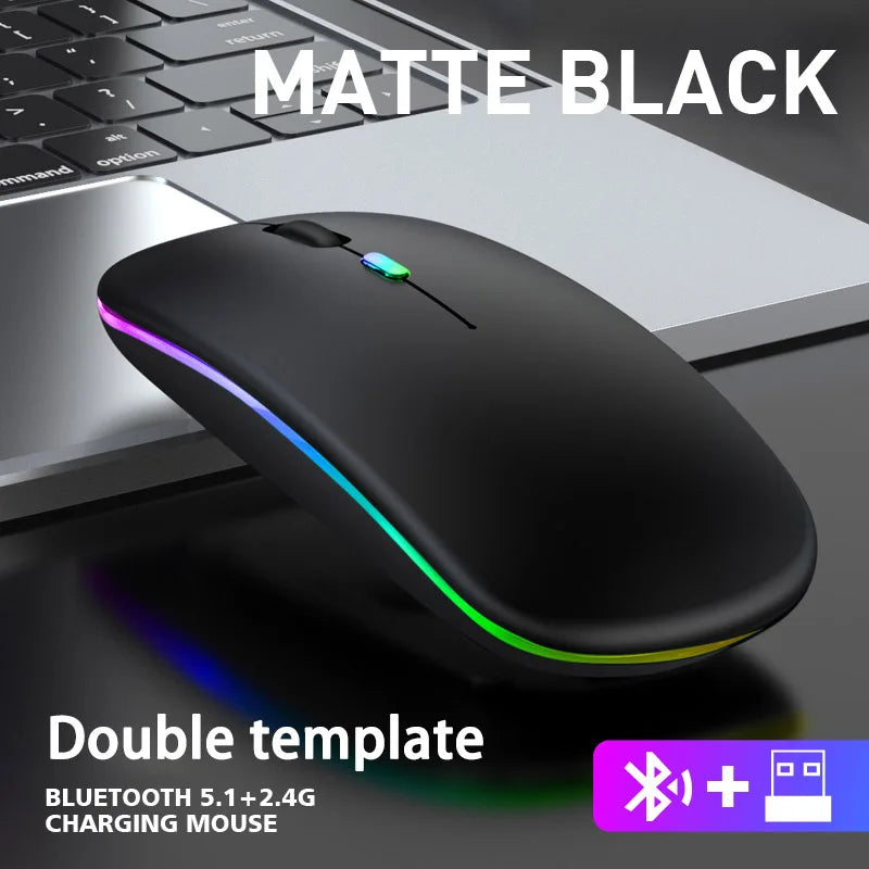Wireless Mouse Bluetooth and 2.4GHz Dual Modes Rechargeable RGB Ergonomic Silent Click for PC iPad Laptop Cell Phone TV HHFMpro
