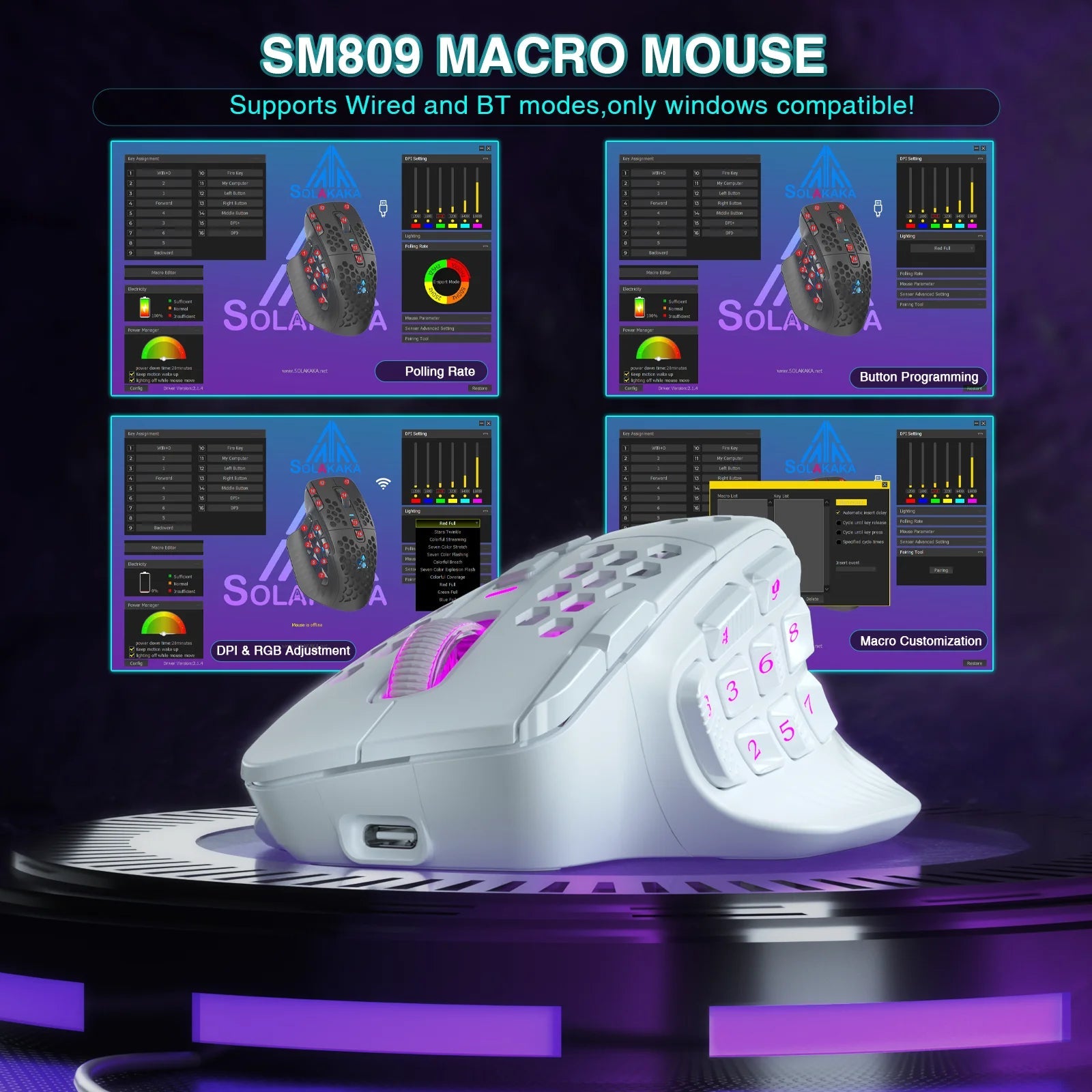 SOLAKAKA SM809 Pro Wireless MMO Gaming Mouse PAW3311 16 Side Buttons 24000 DPI RGB Honeycomb Programmable Macro Wireless mouse HHFMpro
