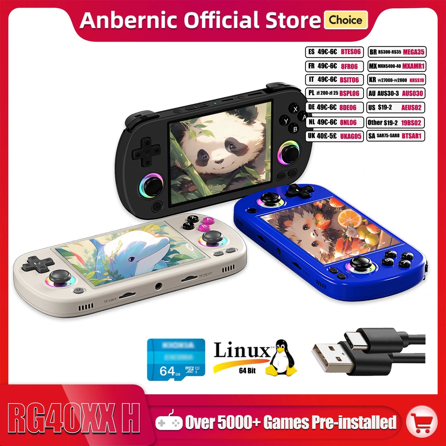 ANBERNIC RG40XX H Handheld Game Console 4.0-in 640*480 IPS Screen 3200mAh 64 Bit System With RGB Light Built in 5K+Games RG40XXH HHFMpro