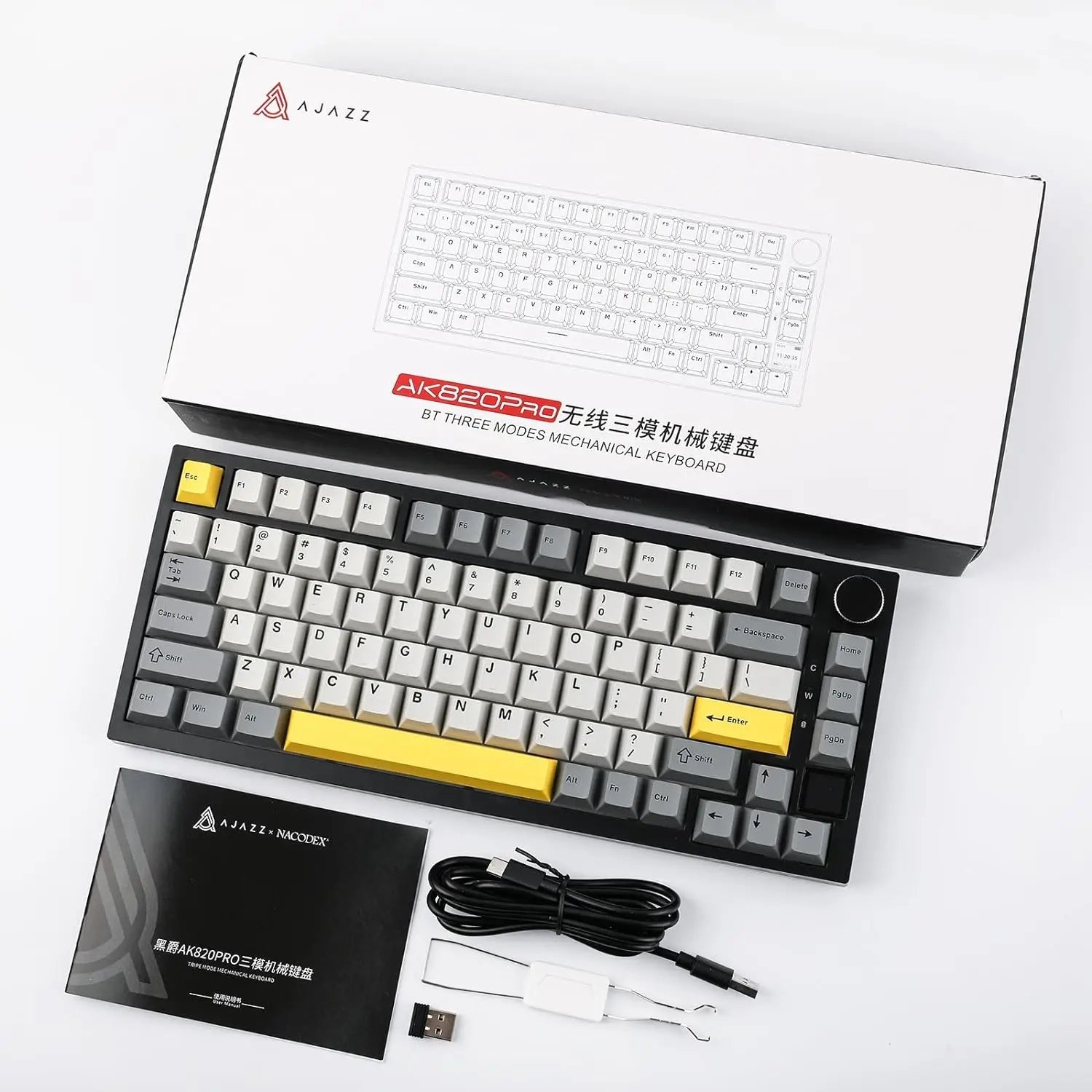 Ajazz AK820/AK820Pro Gaming Mechanical Keyboard Bluetooth 5.1/Wireless/C-Wired Customized Keyboard with Knob Hot Swapping Gasket HHFMpro
